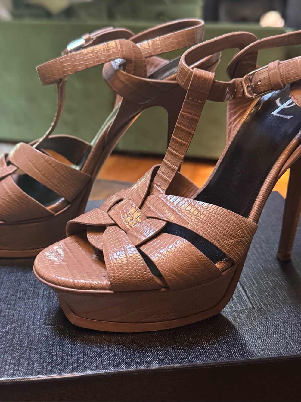 Saint Laurent Tan Croc-Embossed Leather T-Strap Sandals - Picture 11 of 16